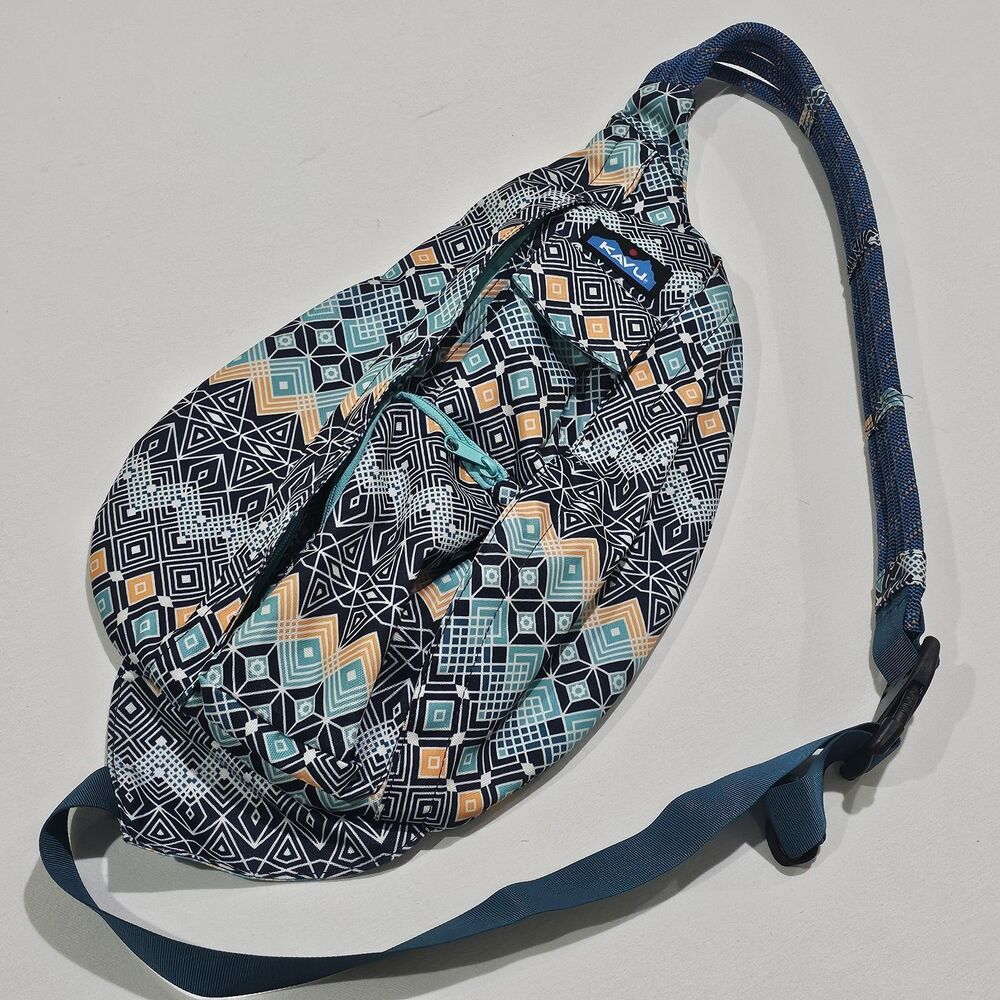 Kavu Rope Sling Crossbody Bag Grey Teal Navy Orange  Sky Dimonds Geometric Print